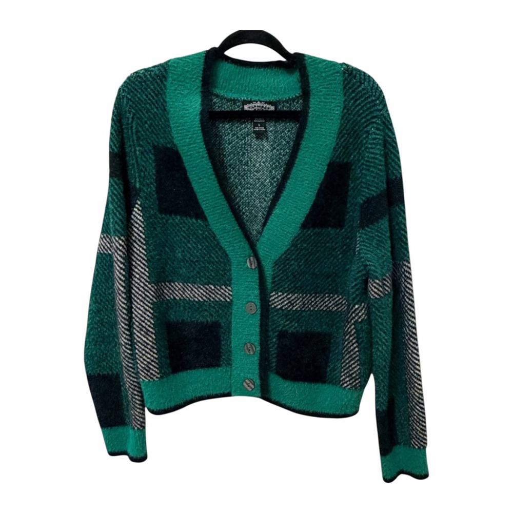 Green Plaid Fuzzy Cardigan Women L Soft Eyelash Knit Cropped Cozy Button Front - Picture 12 of 12